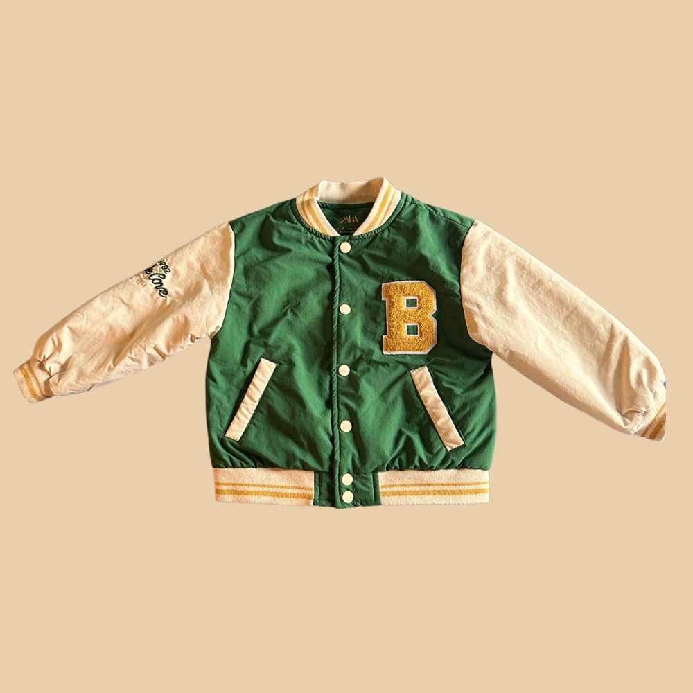 Boys Green and Cream Varsity Jacket with Yellow Accents